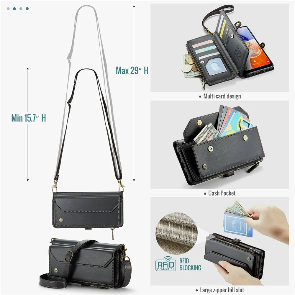 For Samsung Galaxy A14 4G / 5G Leather Case CASEME C36 Zipper Multiple Card Slots Phone Cover with Straps - Black - 6
