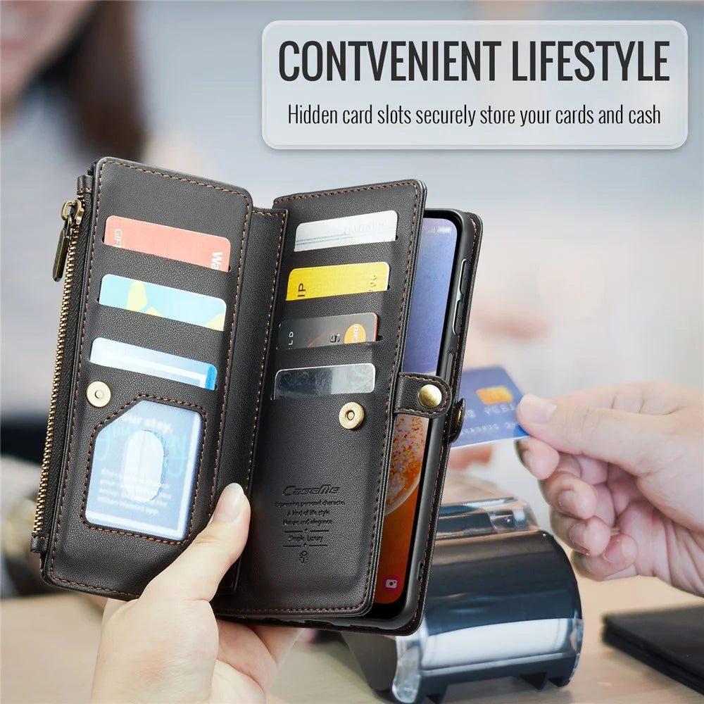 For Samsung Galaxy A14 4G / 5G Leather Case CASEME C36 Zipper Multiple Card Slots Phone Cover with Straps - Black - 7