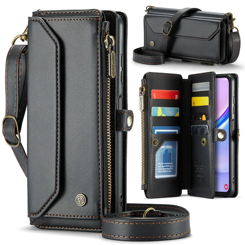 For Samsung Galaxy A15 4G / 5G Leather Case CASEME C36 Zipper Multiple Card Slots Phone Cover with Straps - Black - 1
