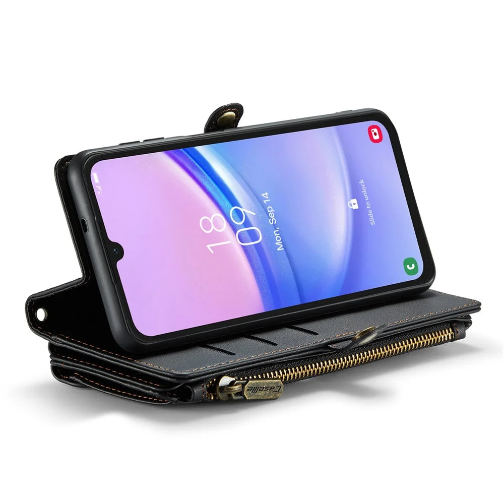 For Samsung Galaxy A15 4G / 5G Leather Case CASEME C36 Zipper Multiple Card Slots Phone Cover with Straps - Black - 3