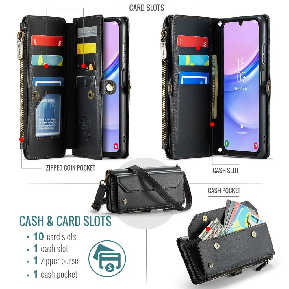 For Samsung Galaxy A15 4G / 5G Leather Case CASEME C36 Zipper Multiple Card Slots Phone Cover with Straps - Black - 4