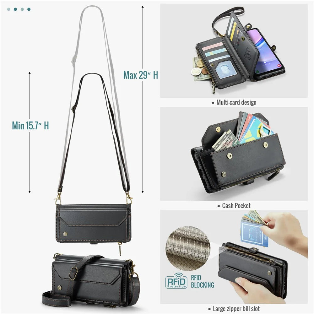 For Samsung Galaxy A15 4G / 5G Leather Case CASEME C36 Zipper Multiple Card Slots Phone Cover with Straps - Black - 6