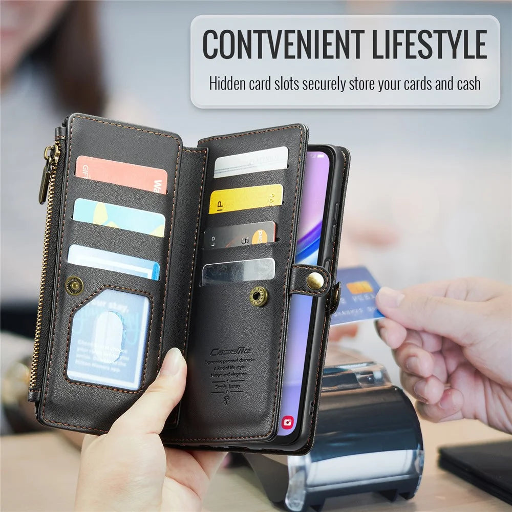 For Samsung Galaxy A15 4G / 5G Leather Case CASEME C36 Zipper Multiple Card Slots Phone Cover with Straps - Black - 7