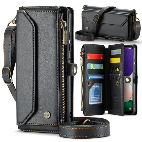 For Samsung Galaxy A22 5G (EU) Leather Case CASEME C36 Zipper Multiple Card Slots Phone Cover with Straps - Black - 1