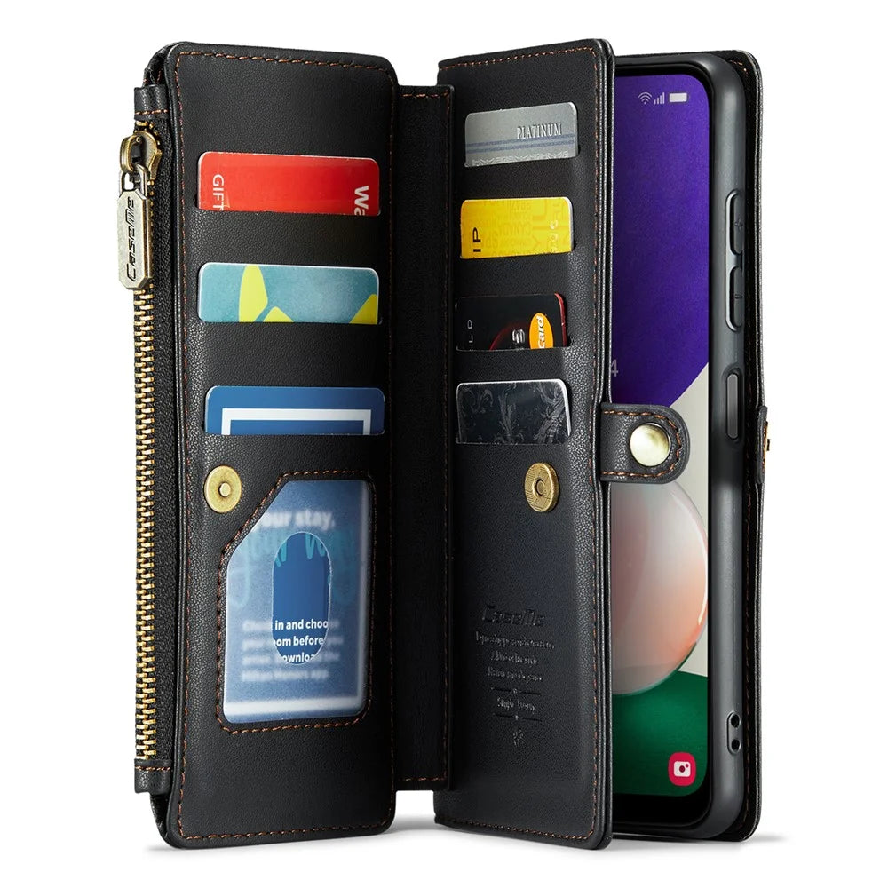 For Samsung Galaxy A22 5G (EU) Leather Case CASEME C36 Zipper Multiple Card Slots Phone Cover with Straps - Black - 2
