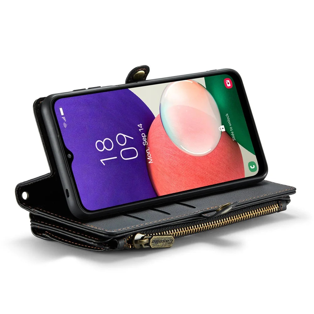 For Samsung Galaxy A22 5G (EU) Leather Case CASEME C36 Zipper Multiple Card Slots Phone Cover with Straps - Black - 3