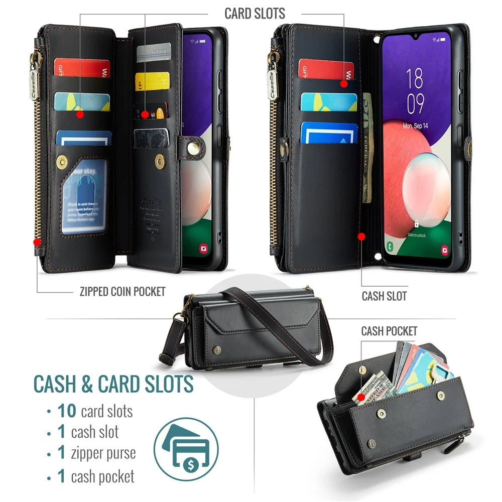 For Samsung Galaxy A22 5G (EU) Leather Case CASEME C36 Zipper Multiple Card Slots Phone Cover with Straps - Black - 4