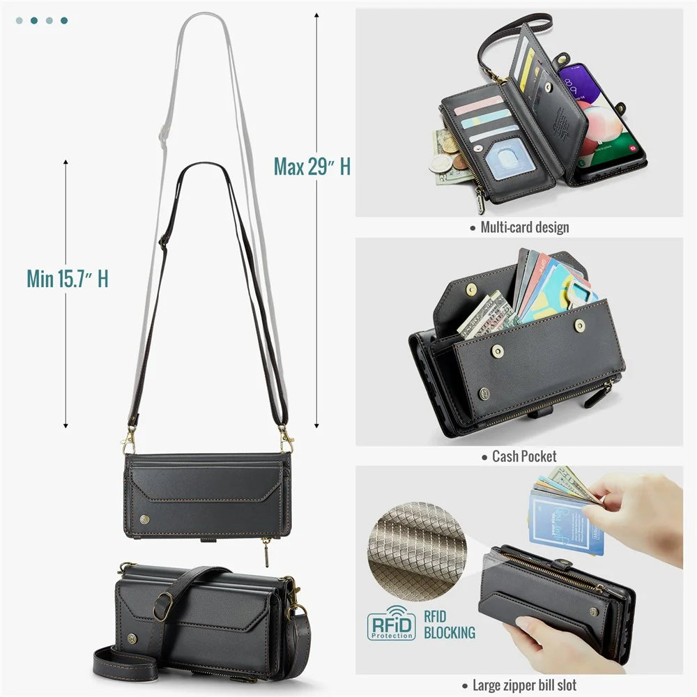 For Samsung Galaxy A22 5G (EU) Leather Case CASEME C36 Zipper Multiple Card Slots Phone Cover with Straps - Black - 6