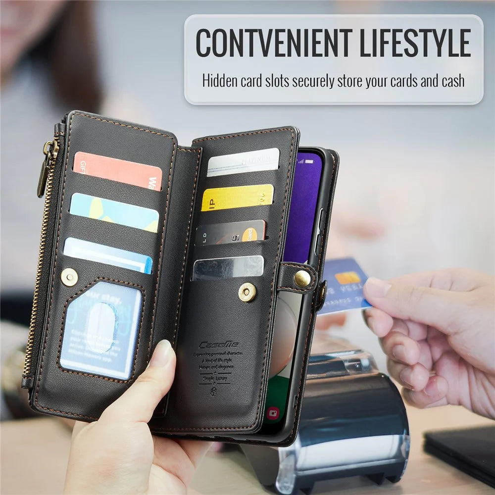 For Samsung Galaxy A22 5G (EU) Leather Case CASEME C36 Zipper Multiple Card Slots Phone Cover with Straps - Black - 7