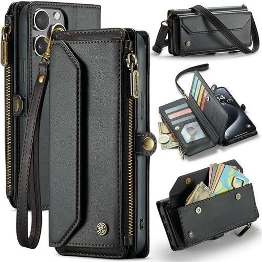 For iPhone 15 Pro Max Leather Case CASEME C36 Zipper Multiple Card Slots Phone Cover with Straps - Black - 1