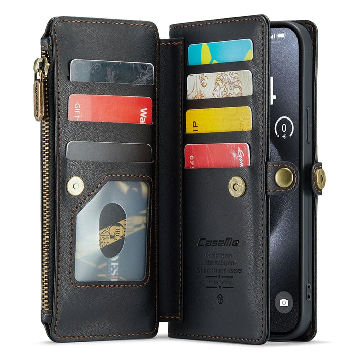 For iPhone 15 Pro Max Leather Case CASEME C36 Zipper Multiple Card Slots Phone Cover with Straps - Black - 2