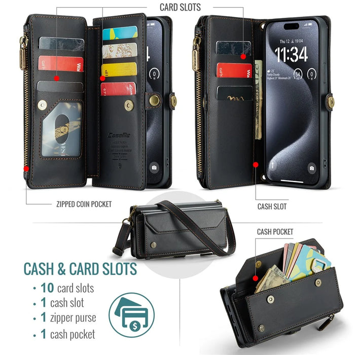 For iPhone 15 Pro Max Leather Case CASEME C36 Zipper Multiple Card Slots Phone Cover with Straps - Black - 4