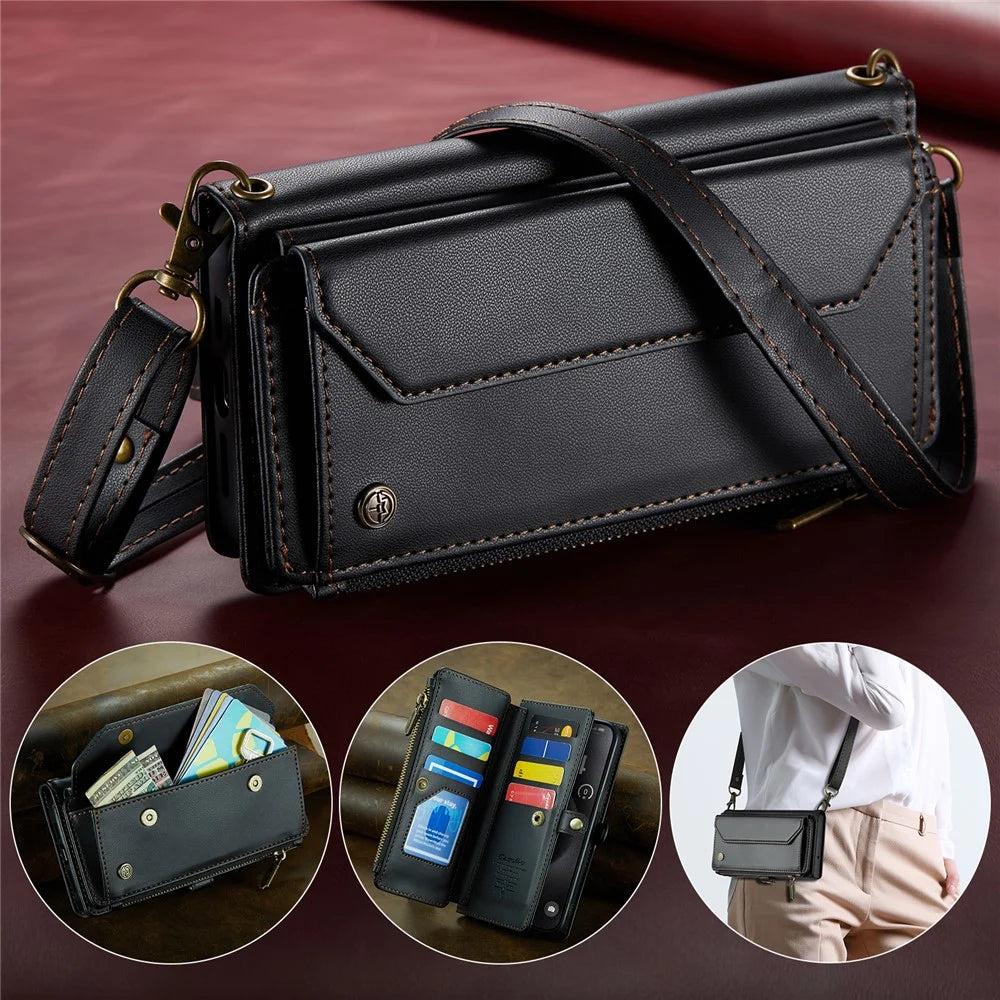 For iPhone 15 Pro Max Leather Case CASEME C36 Zipper Multiple Card Slots Phone Cover with Straps - Black - 5