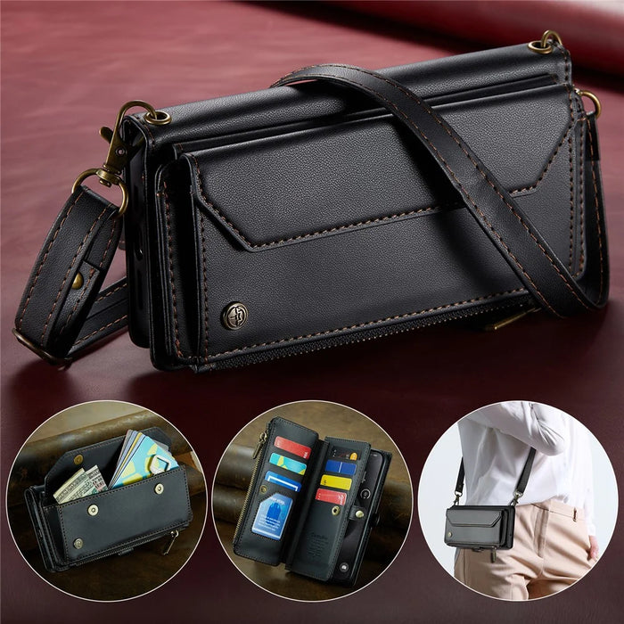 For iPhone 15 Pro Max Leather Case CASEME C36 Zipper Multiple Card Slots Phone Cover with Straps - Black - 5