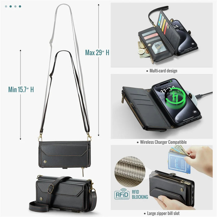For iPhone 15 Pro Max Leather Case CASEME C36 Zipper Multiple Card Slots Phone Cover with Straps - Black - 6