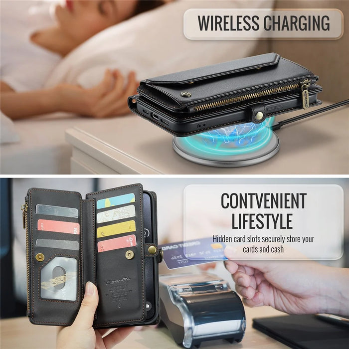 For iPhone 15 Pro Max Leather Case CASEME C36 Zipper Multiple Card Slots Phone Cover with Straps - Black - 7