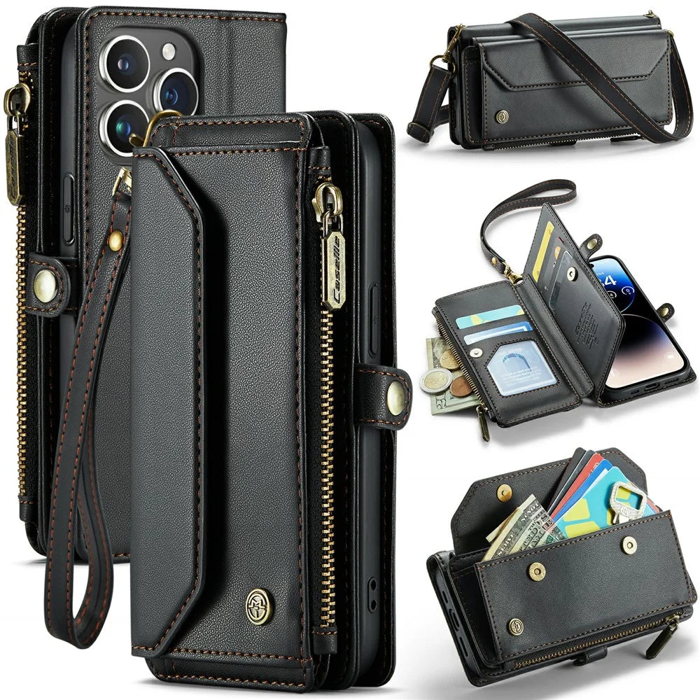 For iPhone 14 Pro Leather Case CASEME C36 Zipper Multiple Card Slots Phone Cover with Straps - Black - 1