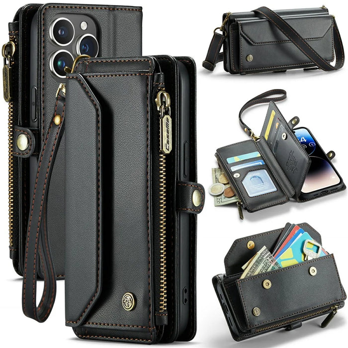 For iPhone 14 Pro Leather Case CASEME C36 Zipper Multiple Card Slots Phone Cover with Straps - Black - 1