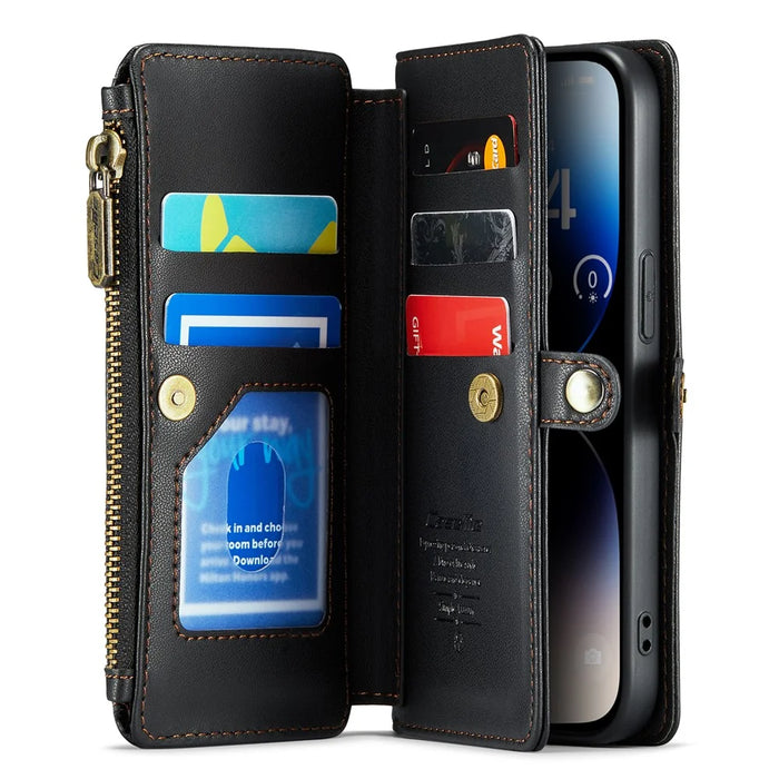 For iPhone 14 Pro Leather Case CASEME C36 Zipper Multiple Card Slots Phone Cover with Straps - Black - 2