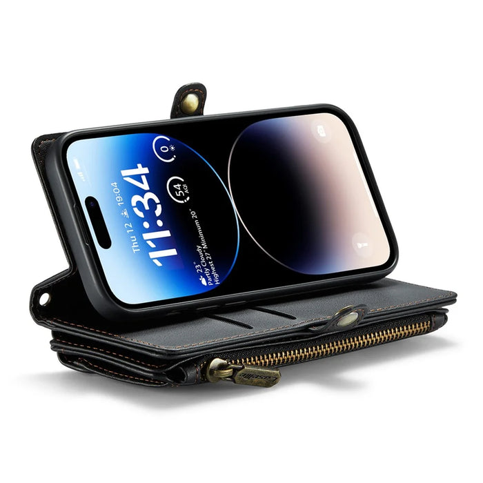For iPhone 14 Pro Leather Case CASEME C36 Zipper Multiple Card Slots Phone Cover with Straps - Black - 3