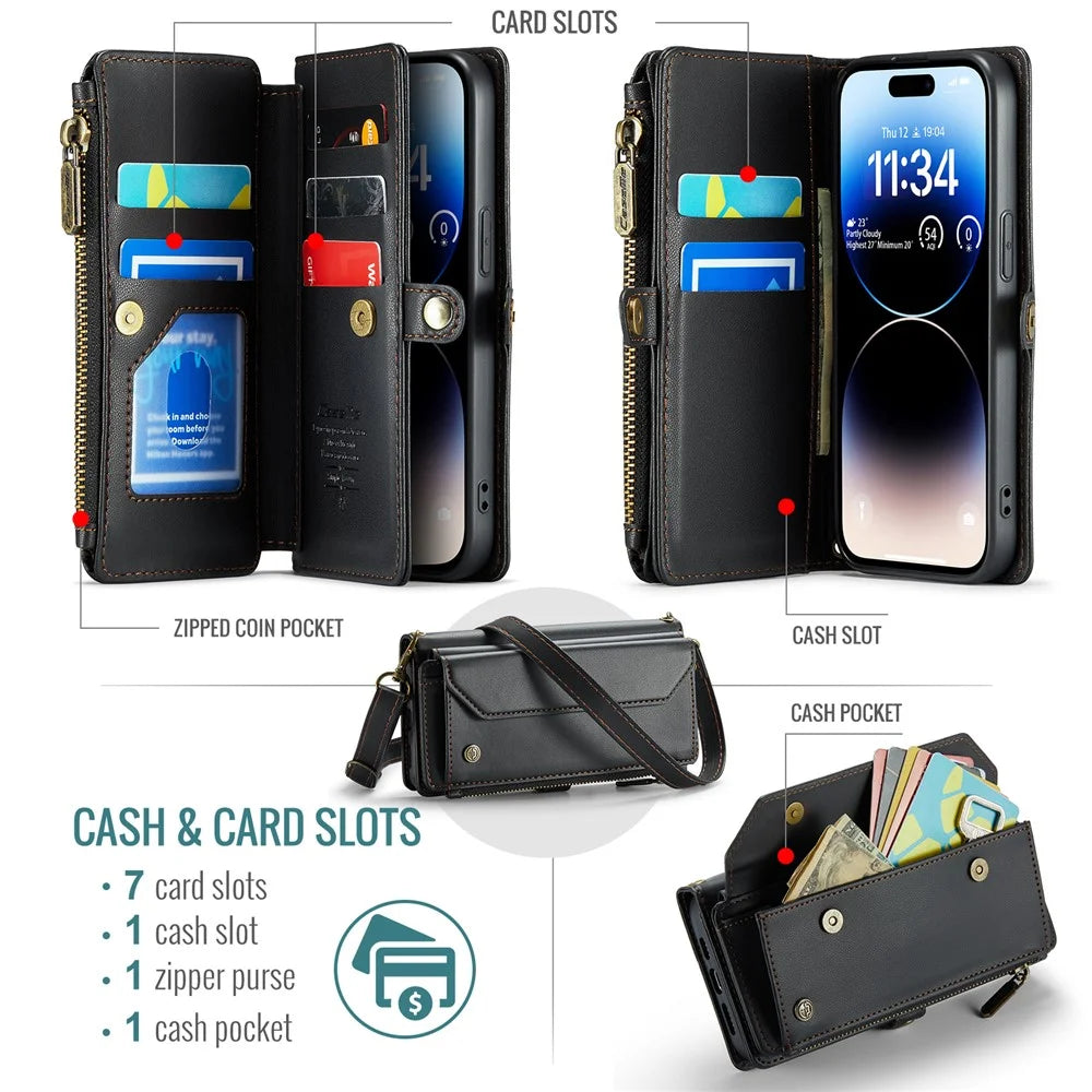 For iPhone 14 Pro Leather Case CASEME C36 Zipper Multiple Card Slots Phone Cover with Straps - Black - 4