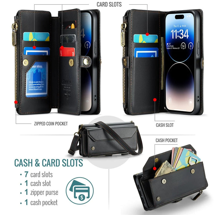 For iPhone 14 Pro Leather Case CASEME C36 Zipper Multiple Card Slots Phone Cover with Straps - Black - 4