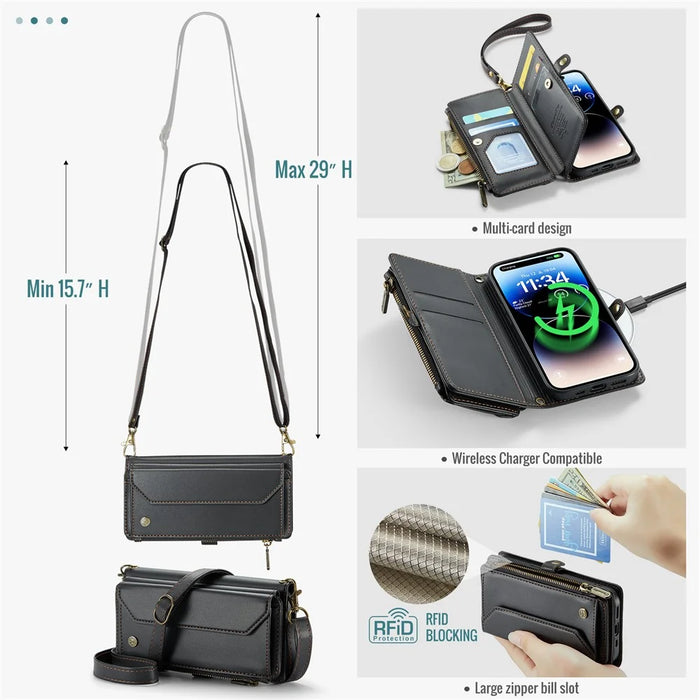 For iPhone 14 Pro Leather Case CASEME C36 Zipper Multiple Card Slots Phone Cover with Straps - Black - 6