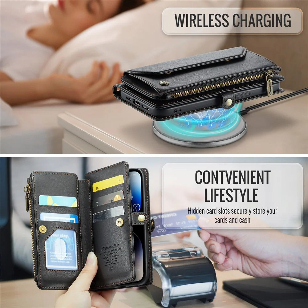 For iPhone 14 Pro Leather Case CASEME C36 Zipper Multiple Card Slots Phone Cover with Straps - Black - 7