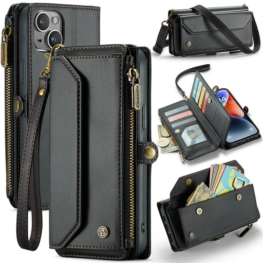For iPhone 14 Plus Leather Case CASEME C36 Zipper Multiple Card Slots Phone Cover with Straps - Black - 1