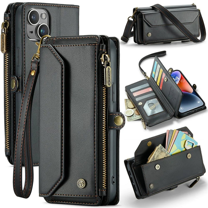 For iPhone 14 Plus Leather Case CASEME C36 Zipper Multiple Card Slots Phone Cover with Straps - Black - 1