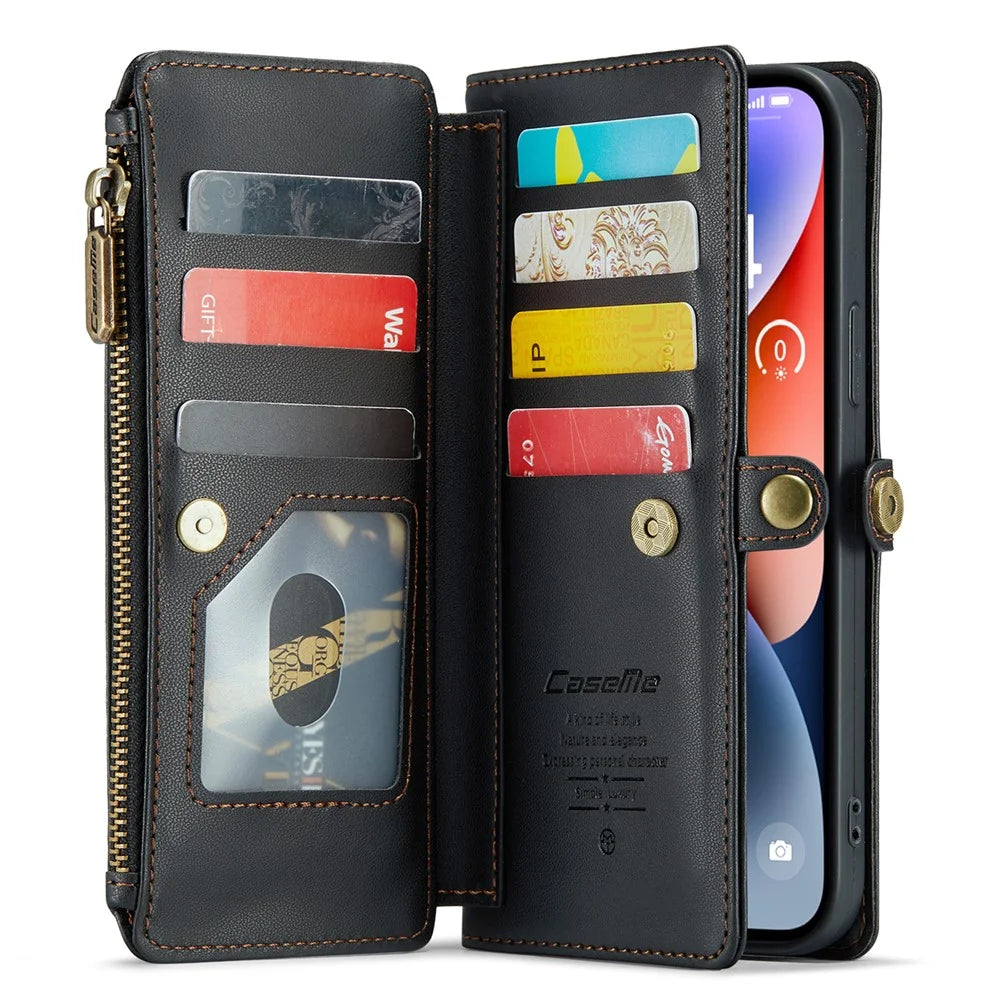 For iPhone 14 Plus Leather Case CASEME C36 Zipper Multiple Card Slots Phone Cover with Straps - Black - 2