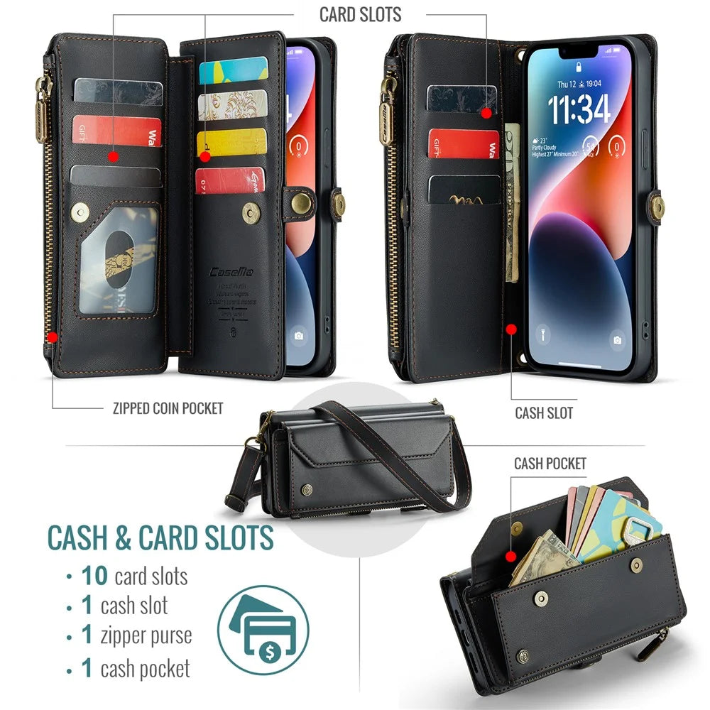 For iPhone 14 Plus Leather Case CASEME C36 Zipper Multiple Card Slots Phone Cover with Straps - Black - 4