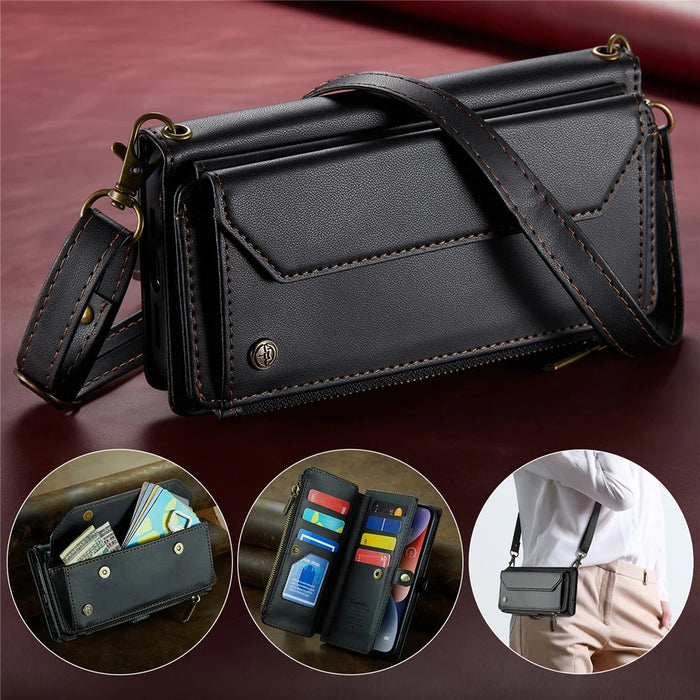 For iPhone 14 Plus Leather Case CASEME C36 Zipper Multiple Card Slots Phone Cover with Straps - Black - 5