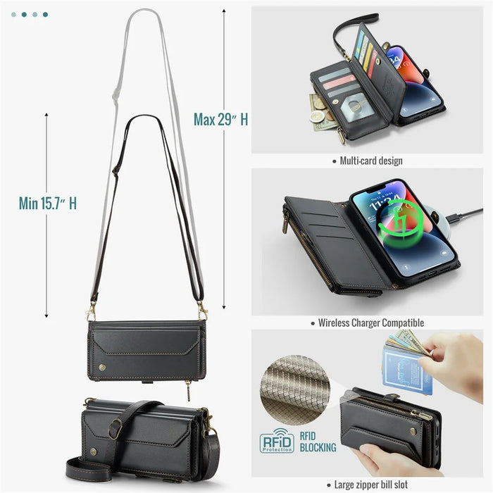 For iPhone 14 Plus Leather Case CASEME C36 Zipper Multiple Card Slots Phone Cover with Straps - Black - 6