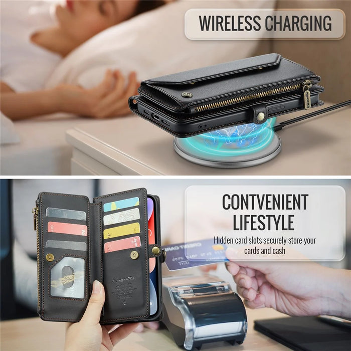 For iPhone 14 Plus Leather Case CASEME C36 Zipper Multiple Card Slots Phone Cover with Straps - Black - 7