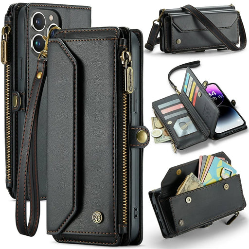 For iPhone 14 Pro Max Leather Case CASEME C36 Zipper Multiple Card Slots Phone Cover with Straps - Black - 1