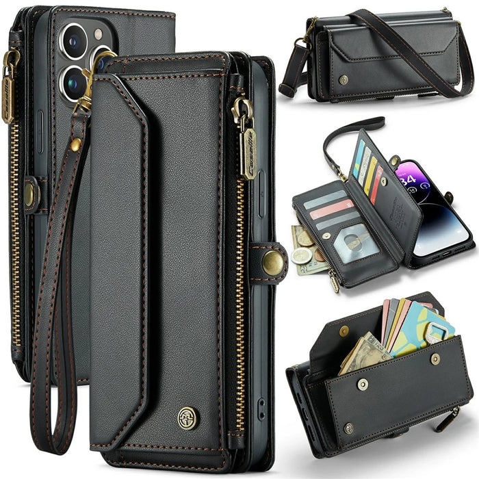 For iPhone 14 Pro Max Leather Case CASEME C36 Zipper Multiple Card Slots Phone Cover with Straps - Black - 1