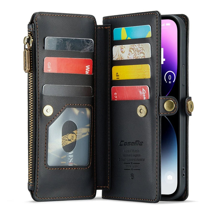 For iPhone 14 Pro Max Leather Case CASEME C36 Zipper Multiple Card Slots Phone Cover with Straps - Black - 2