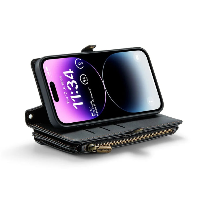 For iPhone 14 Pro Max Leather Case CASEME C36 Zipper Multiple Card Slots Phone Cover with Straps - Black - 3
