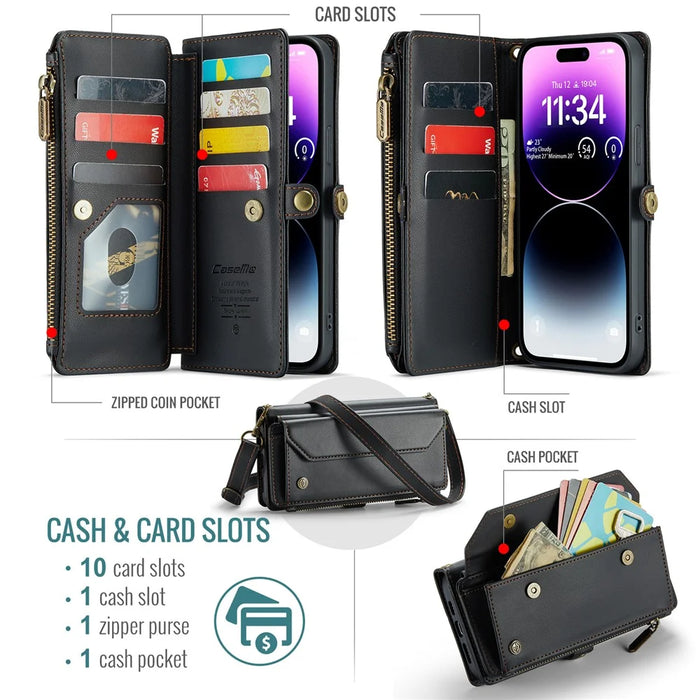 For iPhone 14 Pro Max Leather Case CASEME C36 Zipper Multiple Card Slots Phone Cover with Straps - Black - 4