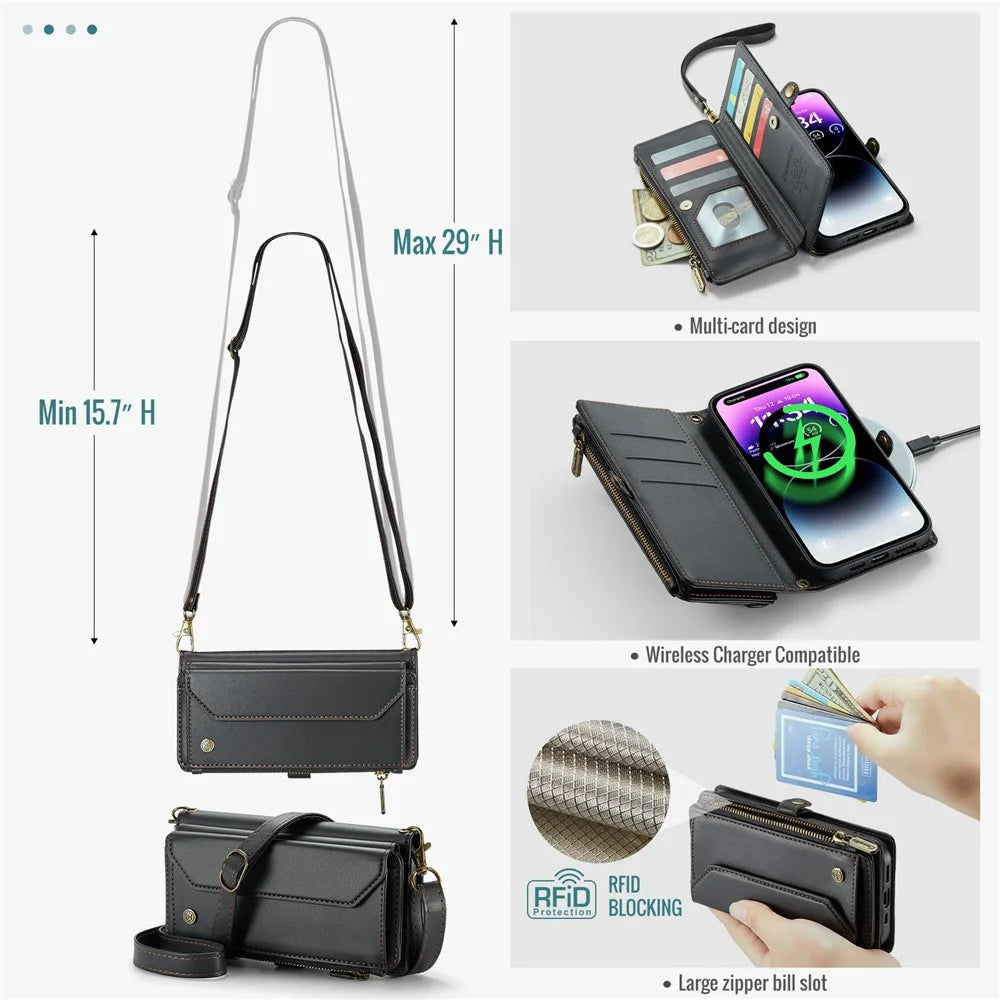 For iPhone 14 Pro Max Leather Case CASEME C36 Zipper Multiple Card Slots Phone Cover with Straps - Black - 6