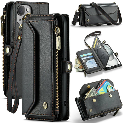 For iPhone 15 Leather Case CASEME C36 Zipper Multiple Card Slots Phone Cover with Straps - Black - 1