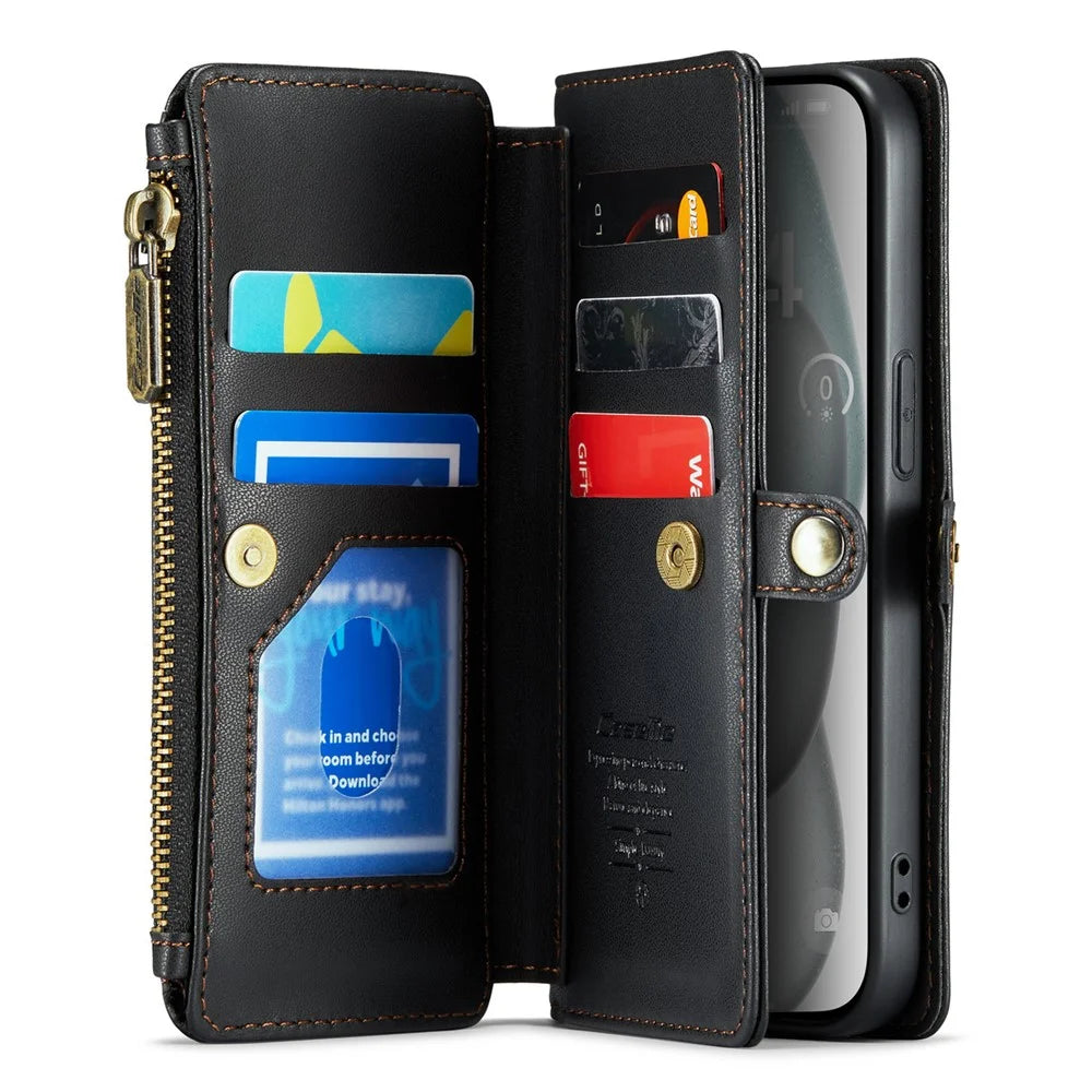 For iPhone 15 Leather Case CASEME C36 Zipper Multiple Card Slots Phone Cover with Straps - Black - 2
