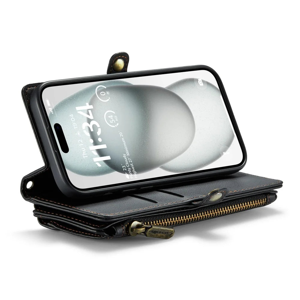 For iPhone 15 Leather Case CASEME C36 Zipper Multiple Card Slots Phone Cover with Straps - Black - 3