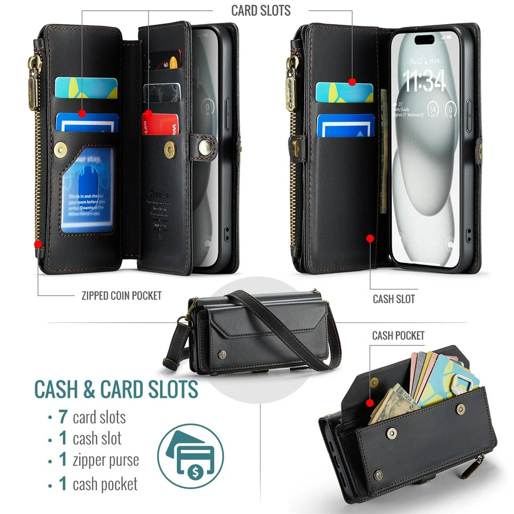 For iPhone 15 Leather Case CASEME C36 Zipper Multiple Card Slots Phone Cover with Straps - Black - 4