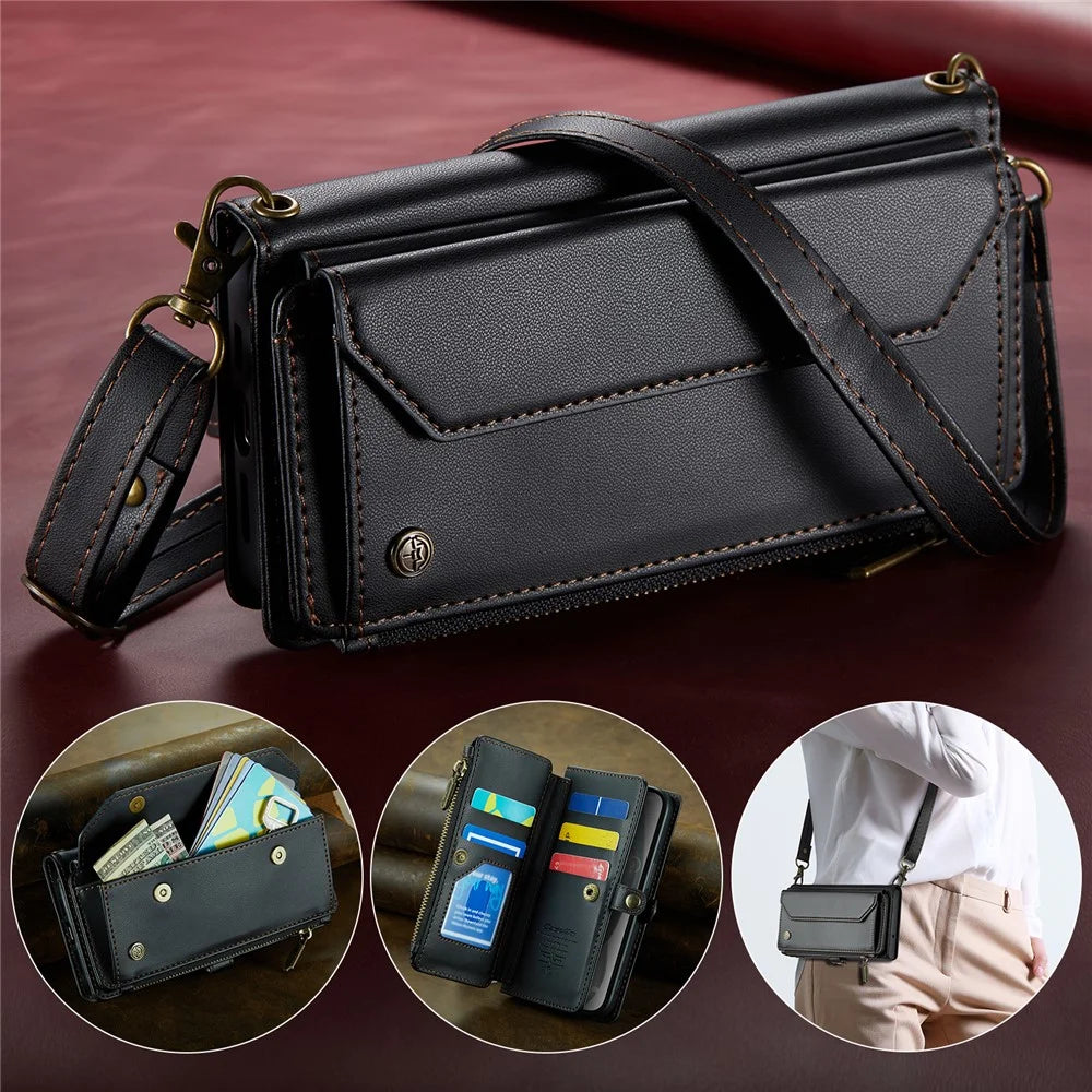 For iPhone 15 Leather Case CASEME C36 Zipper Multiple Card Slots Phone Cover with Straps - Black - 5