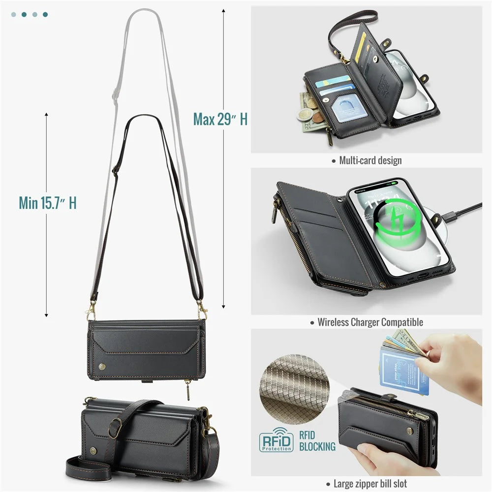For iPhone 15 Leather Case CASEME C36 Zipper Multiple Card Slots Phone Cover with Straps - Black - 6