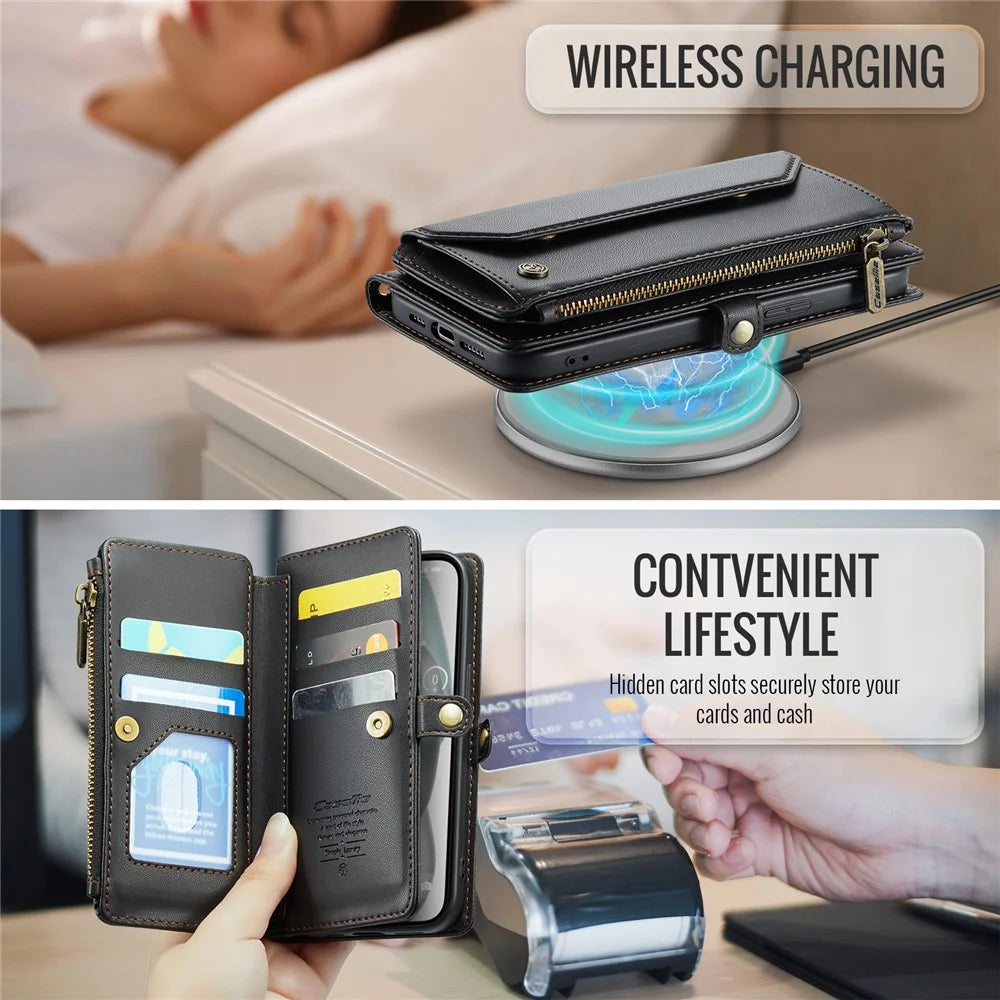 For iPhone 15 Leather Case CASEME C36 Zipper Multiple Card Slots Phone Cover with Straps - Black - 7
