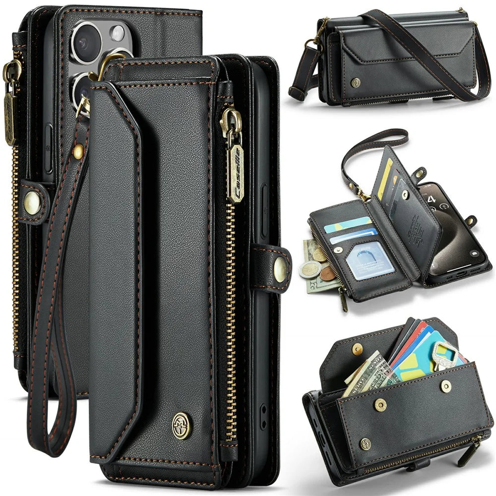For iPhone 15 Pro Leather Case CASEME C36 Zipper Multiple Card Slots Phone Cover with Straps - Black - 1