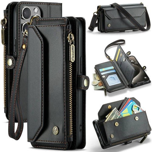 For iPhone 15 Pro Leather Case CASEME C36 Zipper Multiple Card Slots Phone Cover with Straps - Black - 1
